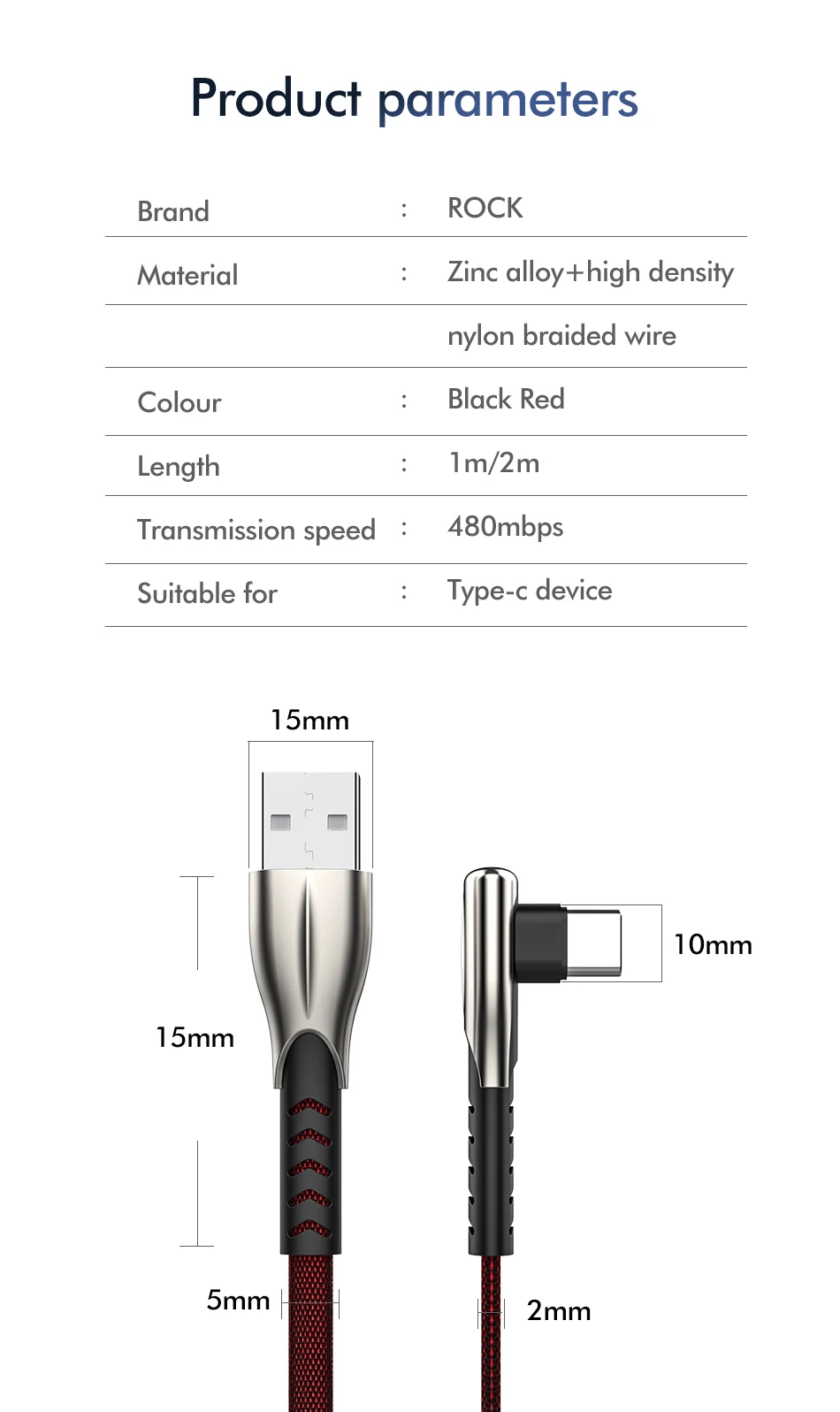 ROCK 5A usb type C кабель 1 м 2 м QC3.0 Быстрая зарядка type-C кабель для huawei P30 Xiaomi samsung S10 S9 USB-C зарядное устройство