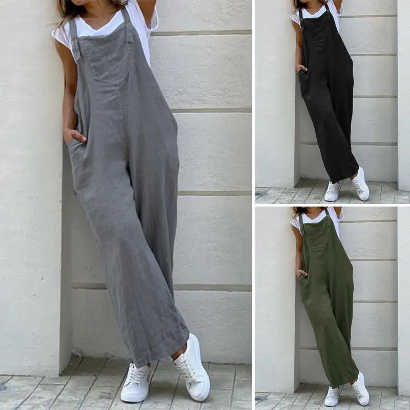 2020 ZANZEA Suspender Jumpsuits Rompers Womens Overalls Vintage Ladies Casual Wide Leg Pants Playsuits Long Pockets Combinaison