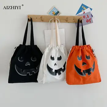 

Funny Pumpkin Printed Messenger Handbag Women Canvas Casual Shoulder Totes Portable Daily Drawstring Shopping Bag