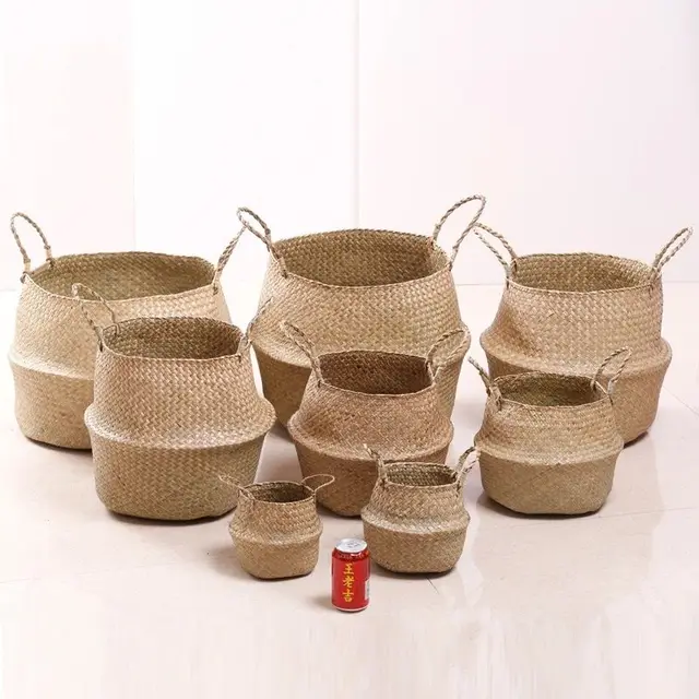 Zerolife-Seaweed Wicker Basket for Dirty Cloth, Laundry Storage Bakset, Hand Woven, FLower Plant Pot, Home Garden Cesta Mimbre 1