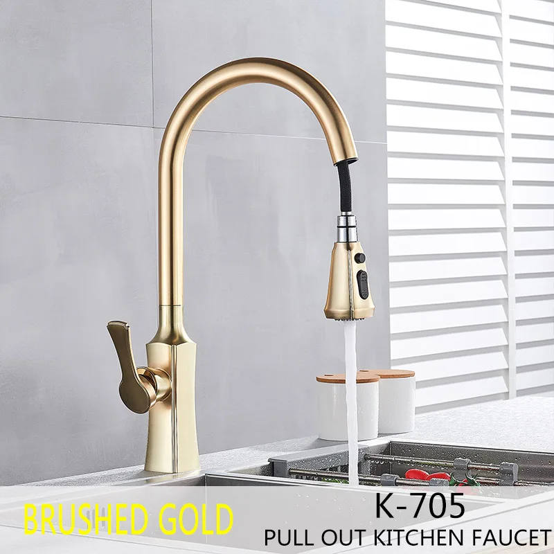 Brushed gold Матовый золотой кухонный кран 360 Вращение выдвижной кухонный кран для раковины двойной выход режимы воды смеситель для горячей и холодной воды - Цвет: Brushed gold