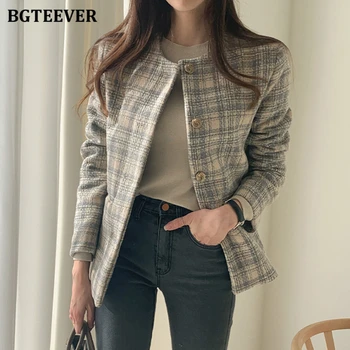 

BGTEEVER Stylish O-neck Single-breasted Women Plaid Blazer Jacket Elegant Workwear Ladies Long Sleeve Jacket 2020 Autumn Winter