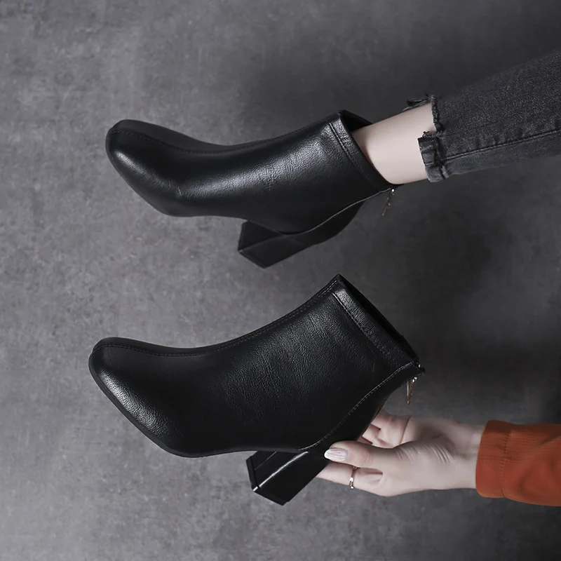 

Brand Women's Shoes Chunky Heel Black Boots Zipper Booties Ladies Bootee Woman 2019 Fashion Ankle Autumn Rock High Heel Rubber