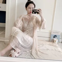 Conjunto feminino para dormir ночная рубашка с v-образным вырезом, костюм с кардиганом, одежда для сна, Ретро стиль, кружевной женский халат