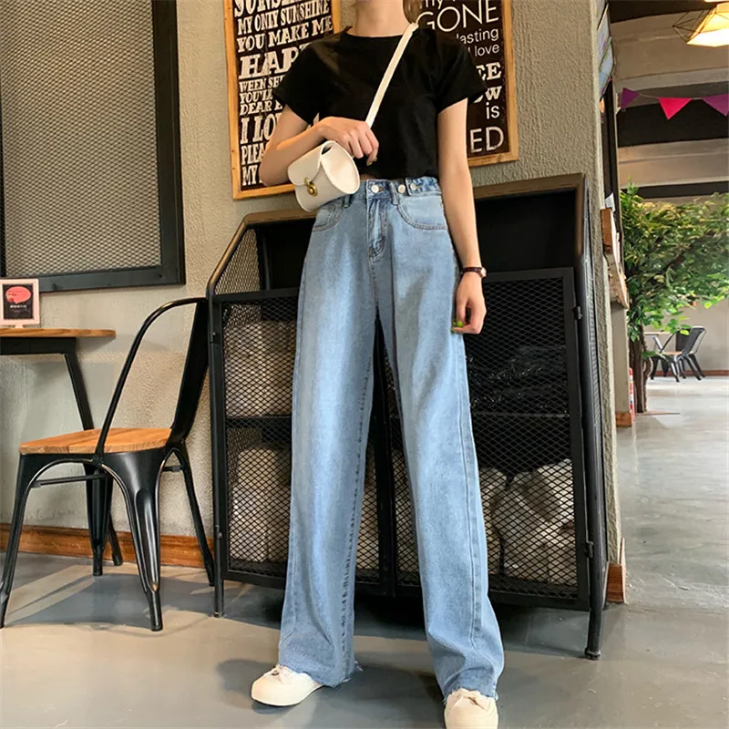 Summer High Waist Pants 2020 Fall New Korean Loose Washed Blue Wide Leg Fashion Casual Denim Women's Jeans Trousers | Женская одежда