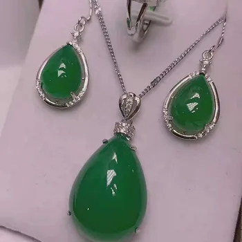 

S925 silver inlaid agate jade silver pendant ring earrings Three Piece Jewelry Set
