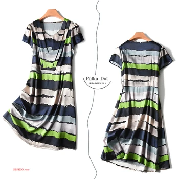 

New Real Silk Dress Women Natural Silk High Quality Elegant Loose Long Summer PrintedGreen Dress Lady Free Shipping