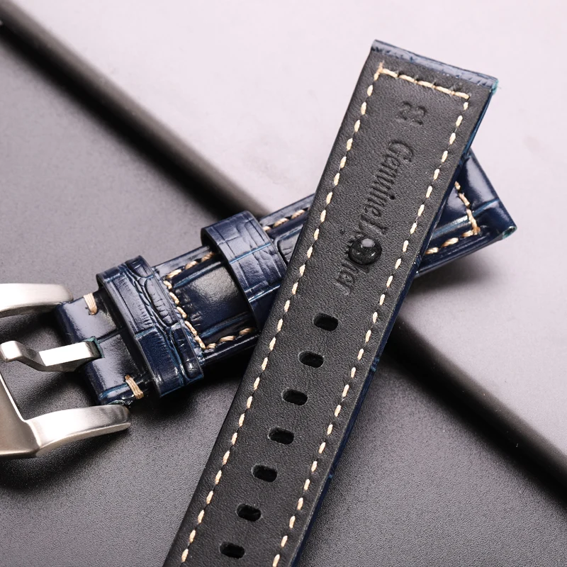 Genuine Leather Watchbands 22mm 24mm Thick Watch Band Strap Black Brown Orange Clock Belt Bracelet Skull Hollow Buckle For