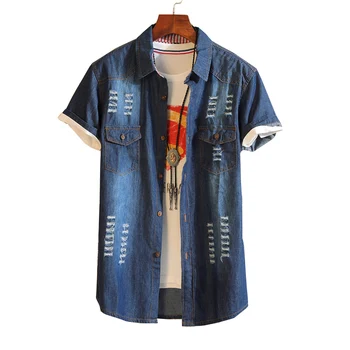 

2020 Men's Shirts Denim Short Sleeve Shirts Man Casual Summer Clothing Tops Brand Slim Cotton Male Jeans Shirts Plus Size XXXL