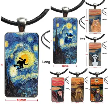 

For Women Jewellery Van Gogh Starry Night Star Panda Rick Print Glass Pendant Necklace Handmade Half Pendant Rectangle Necklace