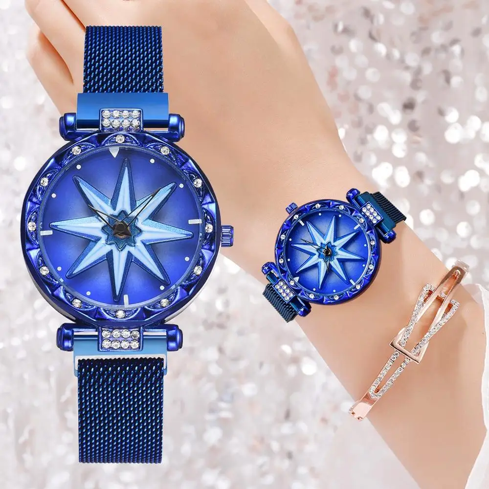 

360 Degree Rotation Women Watch Mesh Magnet Starry Sky Ladies Watch Luxury Fashion Geometric Quartz Watch Relogio Feminino