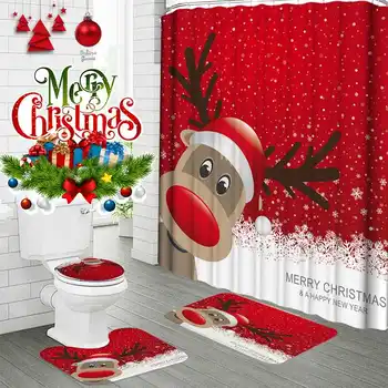 

Christmas Waterproof Shower Curtain Non-slip Mats Bath Carpets Toilet Seat Cover Lid Floor Mat Bathroom Decor 180cmx180cm