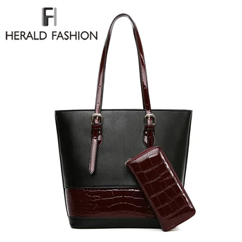 

Herald Fashion Women 2 Pcs/set Patchwork Handbag Stone Pattern Luxury Zipper Glossy Shoulder Bag Large Capacity Purse Gifts 2019
