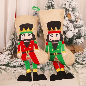 

N Christmas Gift Stcoking Bag Cartoon Red Green Clothes Walnut Soldier Christmas Socks Children Linen Candy Bag