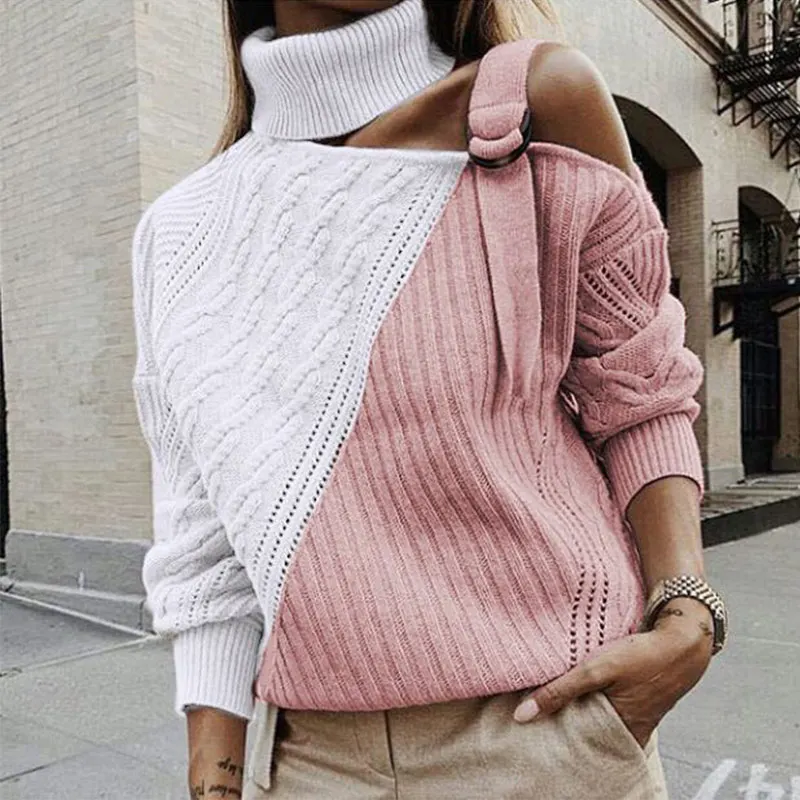 Cena Swetry damskie Off Shoulder sweter z golfem Hollow Out swetry z dzianiny Twisted kobieta 2019 jesień sweter zimowy Ladies