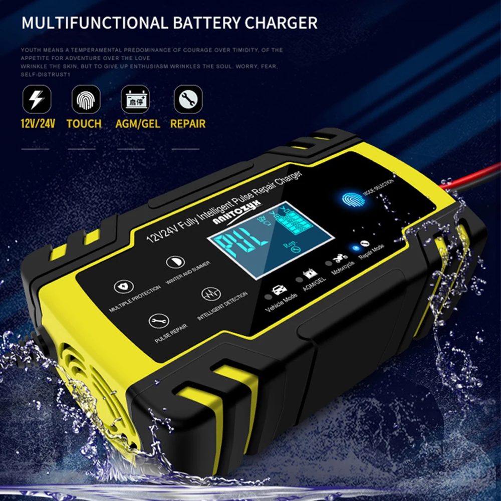 Baratos Cargador de batería de coche 12 24V 8A pantalla táctil Reparación de pulsos LCD cargador estándar para la motocicleta del coche batería de plomo ácido