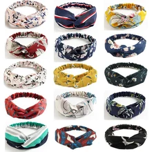 

Chiffon Floral Striped Print Cross Knotted Headband Bohemian Style Hairband Turban Head Wrap Elastic Hair Band Hair Accessories
