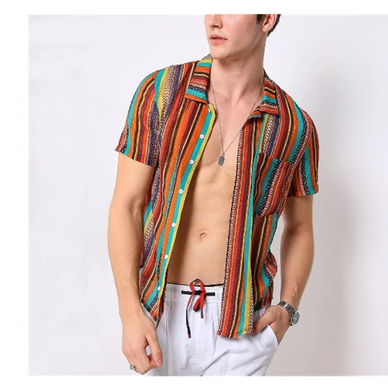 

2019 Men's Summer Fashion Tops Shirts Casual Striped Pattern Printing Tee Shirt Short-Sleeve Top