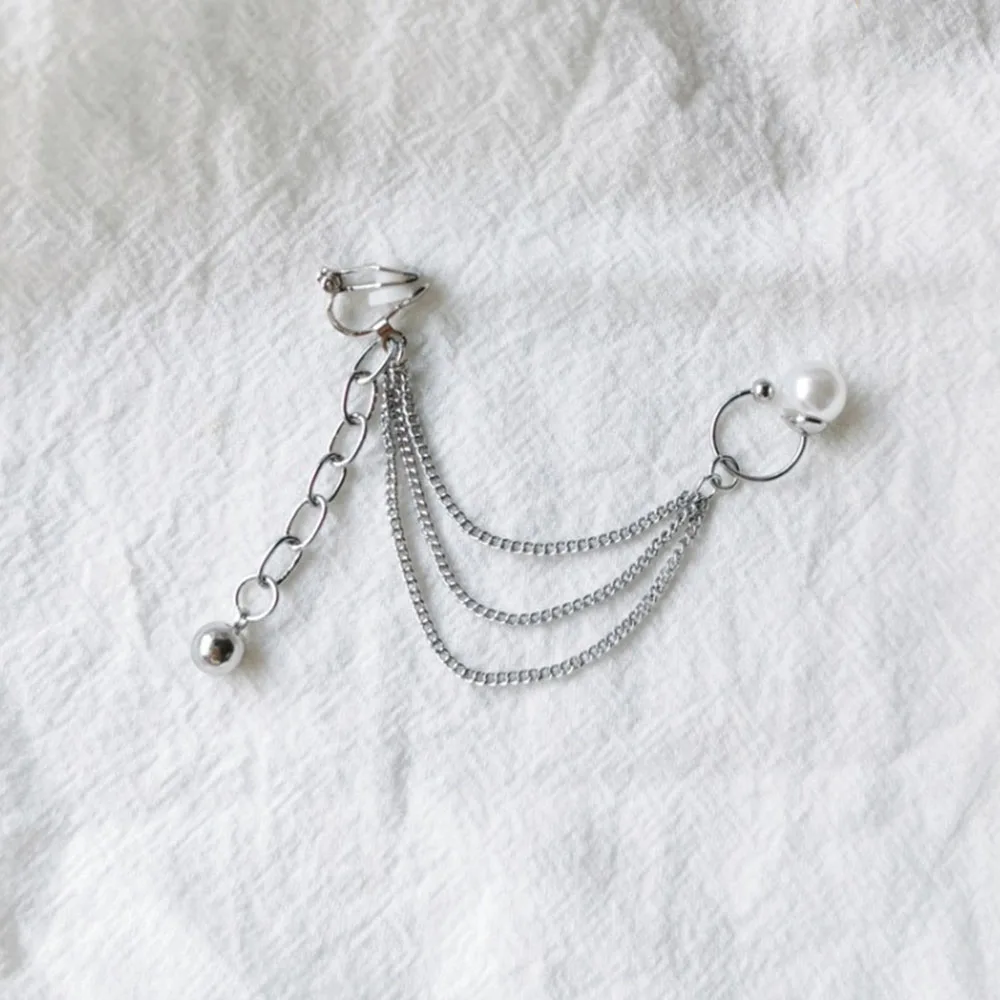 

1PCS Silver Color Ear Cuff Earring For Women Simulated Pearl Long Chain Tassel Earing Non Pierced Punk Jewelry Clip On Earrings