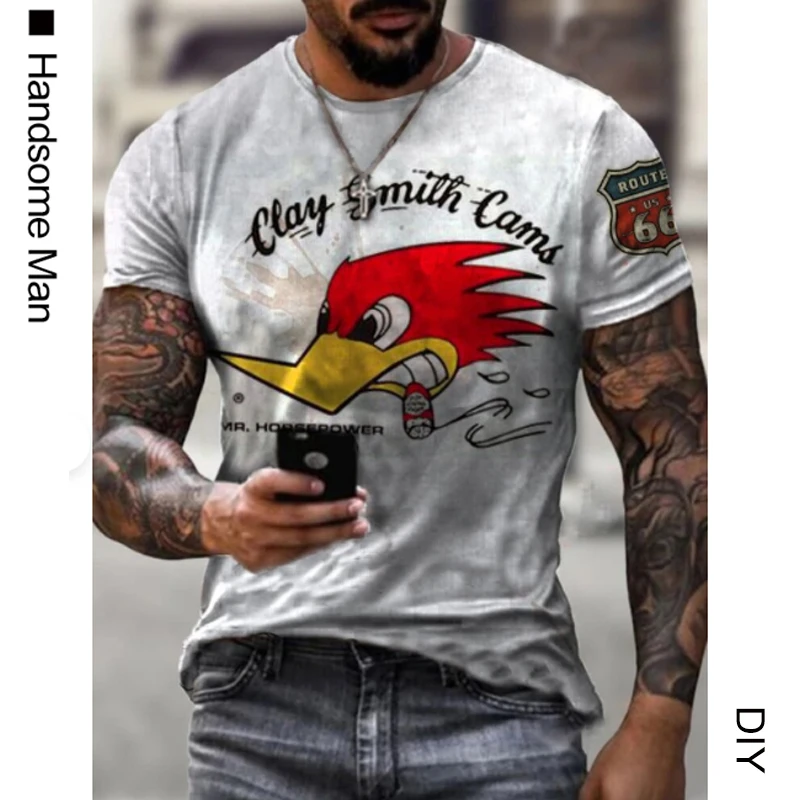 Summer Mens T Shirts Oversized Loose Clothes Vintage Short Sleeve Fashion America Route 66 Letters Car Printed LE MANS O Neck | Мужская
