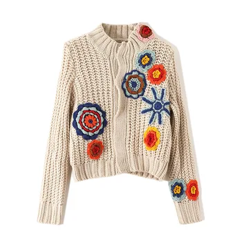 

Sweet Crocheted Knit Cardigan 3D Flowers Embroidered Sweater Coat Hook Floral Jacket Long Sleeve OL Crop Tops Sueter Mujer 2020