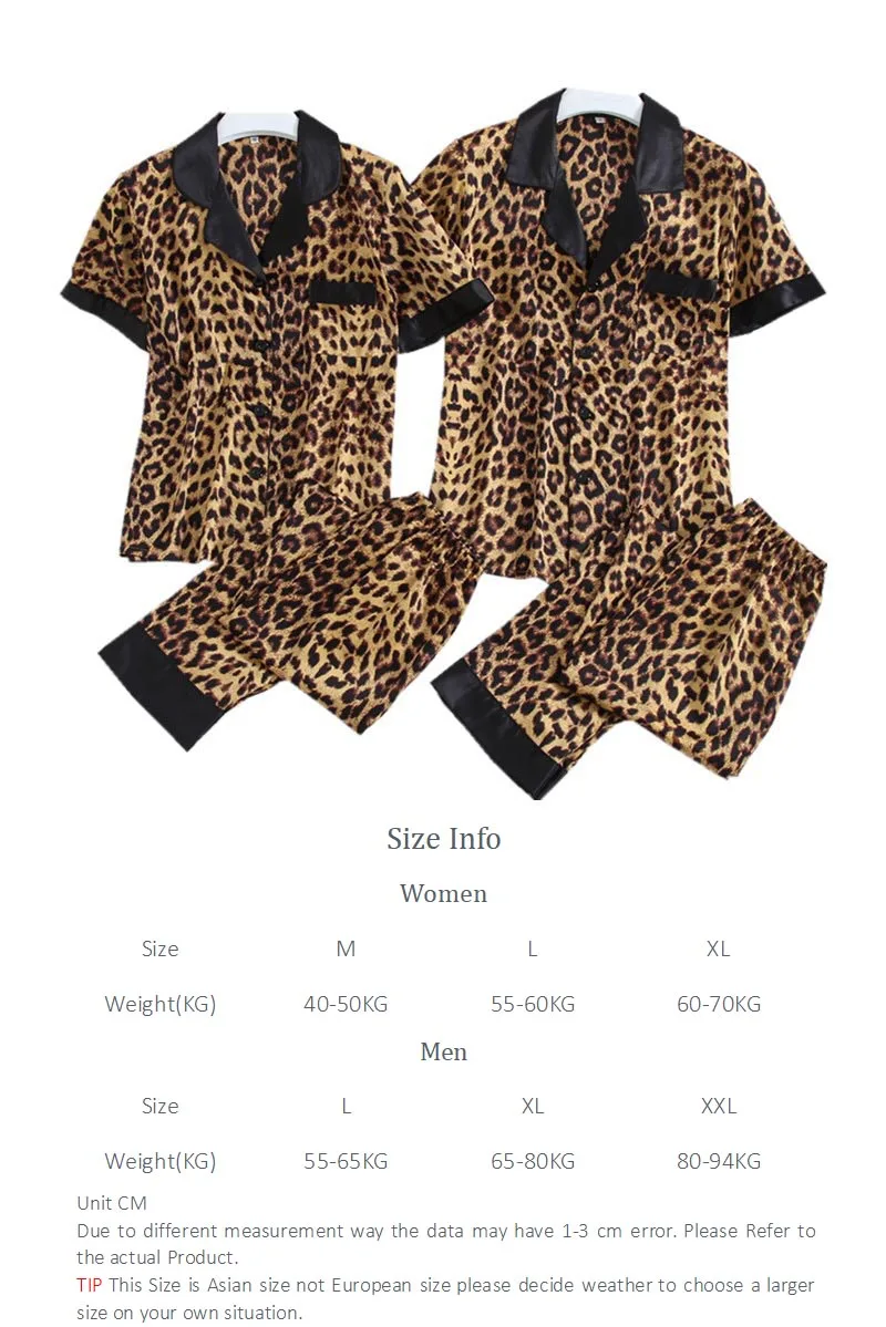 На лето и весну пары пижамный комплект пикантные ботильоны с леопардовым принтом, одежда для сна, отложной воротник Тонкий шелковый атлас домашняя одежда для любителей Для мужчин и Для женщин