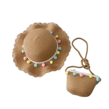 

2 Pcs Kids Girls Straw Woven Sun Protection Beach Hat Summer Floppy Bucket Cap Portable Handbag