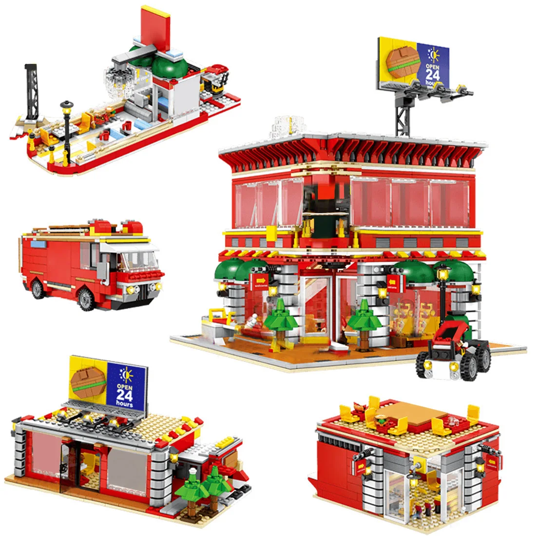 

1729Pcs 4-in-1 Burger Restaurant Building Blocks City Architecuture Street View Model with Light