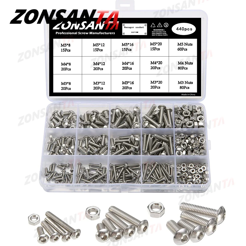 ZONSANTA 440pcs Bolts and Nuts Set M3 M4 M5 Stainless Steel Hex Socket Button Head Cap Screws Bolts Nuts Assortment Kit Screw