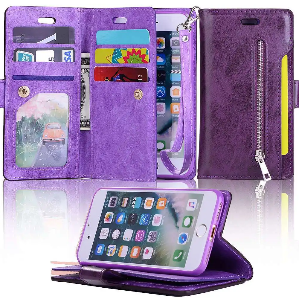 Purple L-FADNUT для iPhone X, Xr, Xs, 11 Pro, Max, 8, 7, 6 S, 6 Plus, 5, 5S, SE, кошелек на молнии, чехол для телефона, флип, подставка, держатель, кожаные чехлы - Цвет: Purple