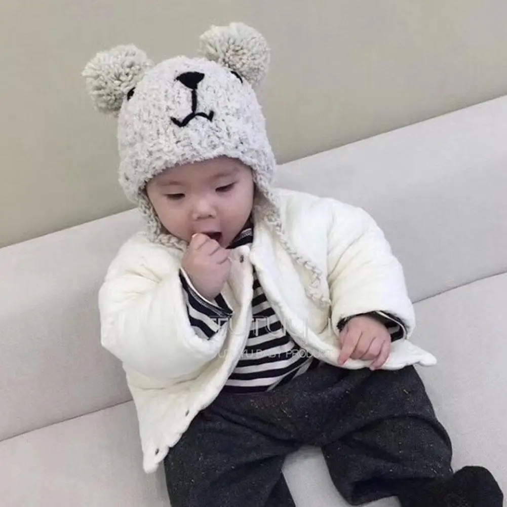 

MISSKY Autumn Winter Children Beanies Bear with Double Plush Ball Wool Cap Wrap Ear Warm Knit Hat Girls Boys Hats