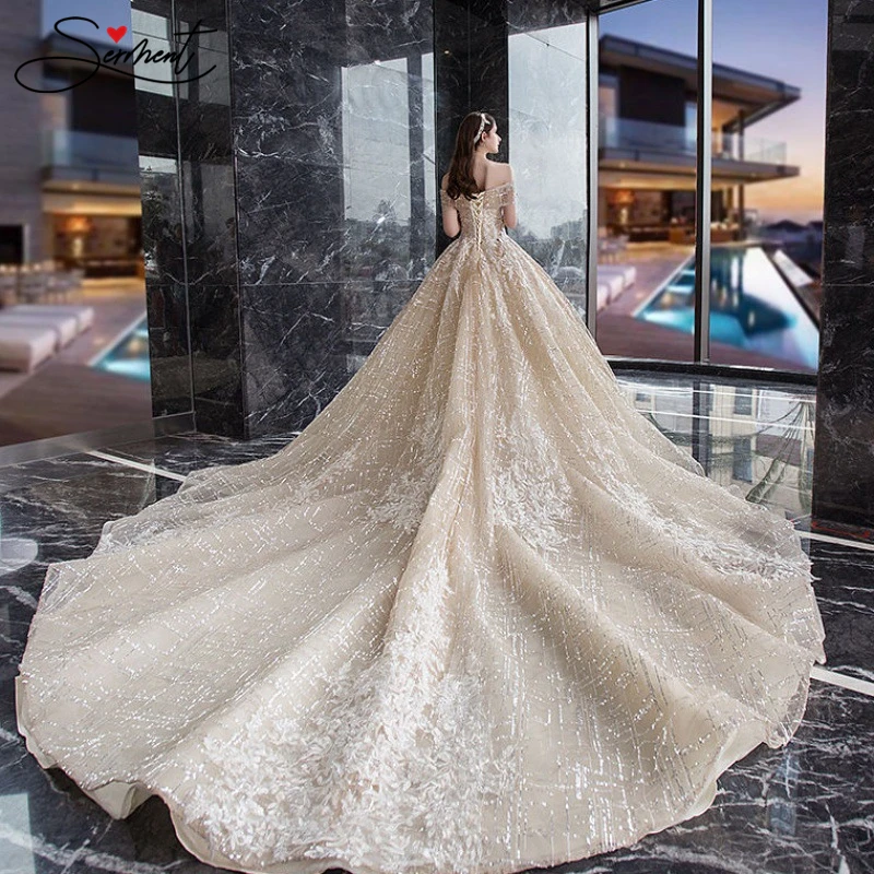 SERMENT Luxury New Off The Shoulder French-style Trailing Wedding Dress Champagne Sequins Spray Gold Noble Luxury Tailor-made