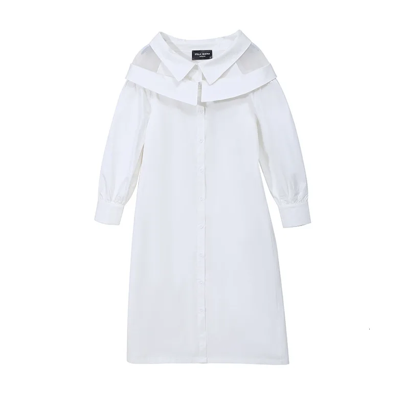[EAM] Женская белая сетчатая рубашка с открытыми плечами, платье миди, новинка, с отворотом, длинный рукав, свободный крой, мода, весна-осень, 1N243