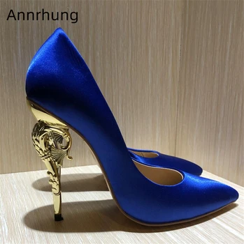 

Unique Metal Strange Heel Dress Shoes Woman Elegant Pointed Toe Hippocampus Heel Luxury Satin High Heel Pumps Women