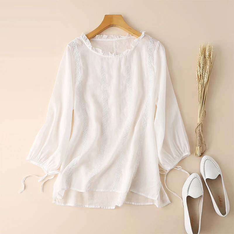 

New Arrival Spring Arts Style Women Long Sleeve Loose Tshirt Plus Size Vintage Embroidery Cotton Linen Tee Shirt Femme Tops D350