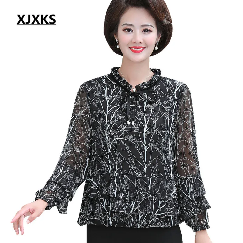 

XJXKS 2019 autumn new women's chiffon shirt loose plus size fashion bow tie high quality printed shirt women's blouse