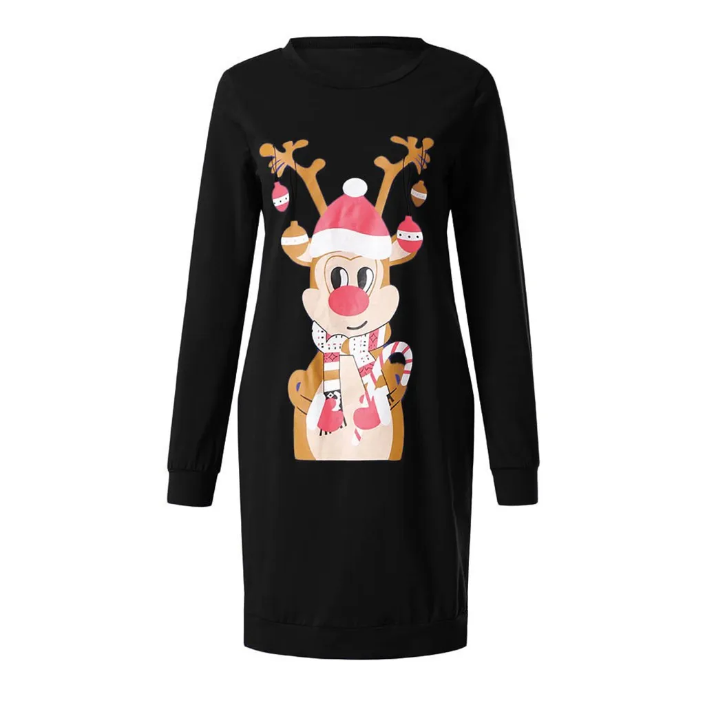 Рождественское женское платье с принтом, модное мини Повседневное платье с длинным рукавом и мультяшным рисунком, зимние женские новогодние платья с круглым вырезом# BL35