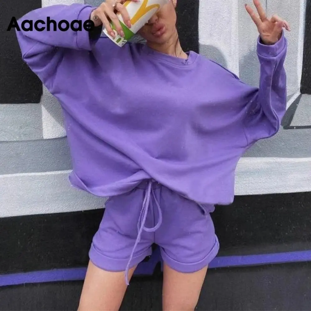 Aachoae Solid Loose Sport Suit Woman Batwing Long Sleeve Oversize Pullover Hoodies+Drawstring Pleated Shorts Outfits Tracksuits |