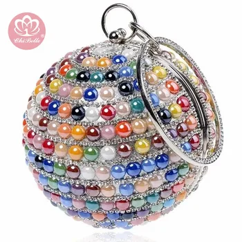 

Chi Belle pearls evening bags designer round shape full dress party purse gold black beaded day clutch chains shoulder handbag