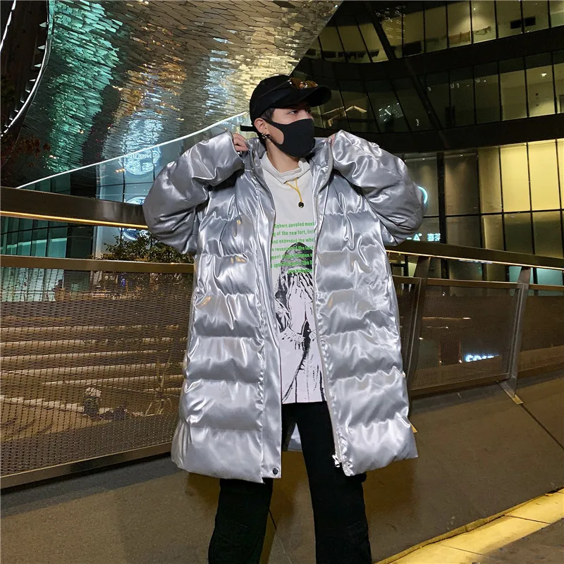 M-XXL!Winter new super fire men's long loose hooded bright leather coat men and women couples jacket jacket