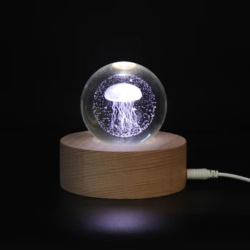 

Crystal Ball Home LED Night Light Brithday Gift Artificial Jellyfish Bedroom Wooden Base Table USB Powered Dormitory Decorative