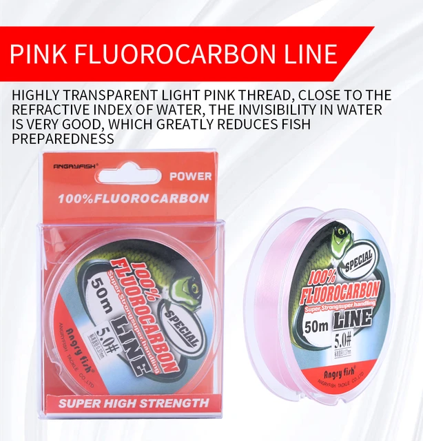 Angryfish 50m Fluorocarbon Fishing Line Clear and Pink Super strong Wear  Resistant