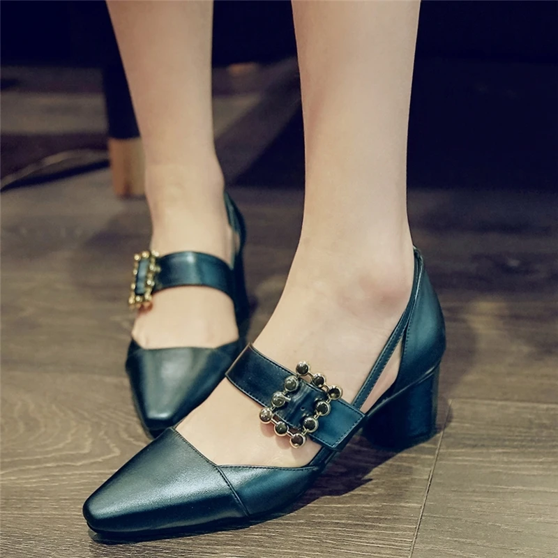 

DORATASIA Elegant Lady Fashion Pumps Spring Shallow Pumps Women Med Heels Pointed Toe Geuine Leather Buckle Shoes Woman