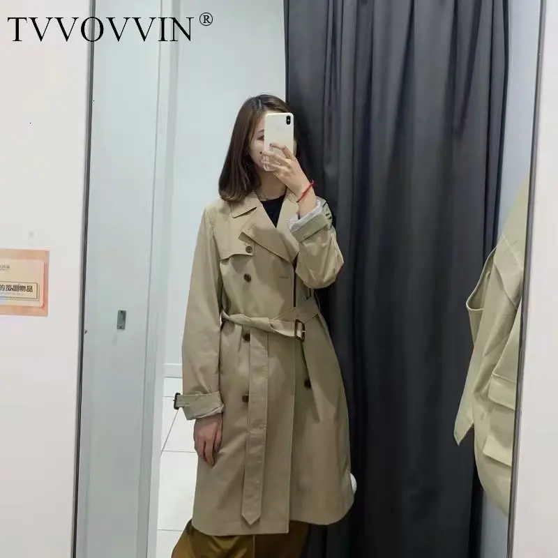 TVVOVVIN Autumn Three-colour Classic Autumn Long Fund Solid Color Match Belt Windbreaker Both Row Buckle Loose Coat Woman ZX128