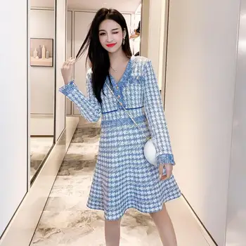 

2019 autumn winter new wave autumn dress small fragrance houndstooth waist waist long sleeve knit dress