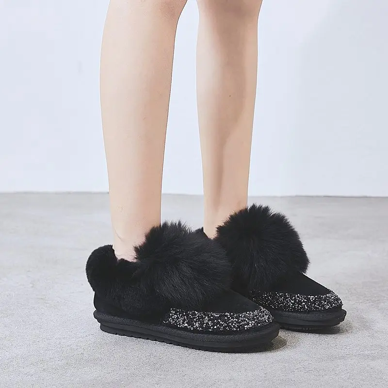 ENPLEI/; женские зимние ботинки; Повседневная Теплая Бархатная обувь с кроличьим мехом; женская обувь без застежки с блестками; Размеры 35-40 - Цвет: Черный