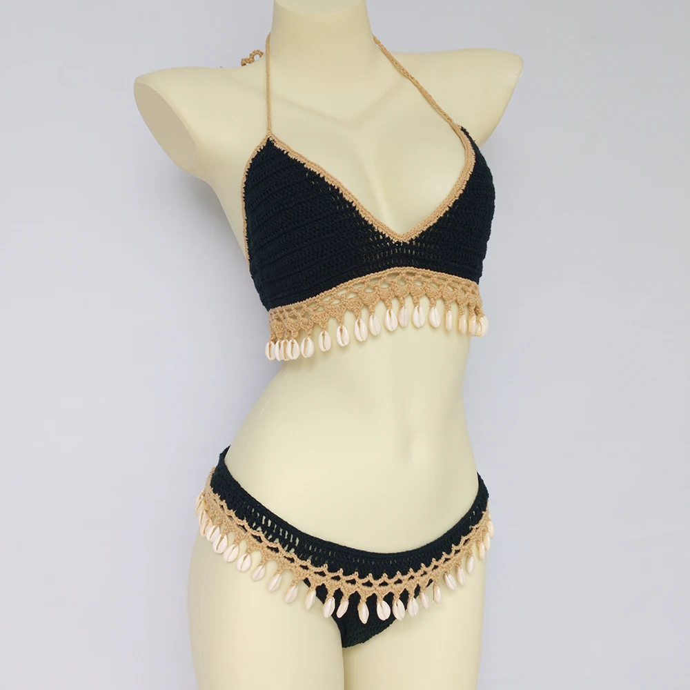 

Summer Woman 2 Pieces Bikini Set Black Crochet Swimsuit With Shell Tassels Halter Strappy Bikinis Bra 100% Handmade