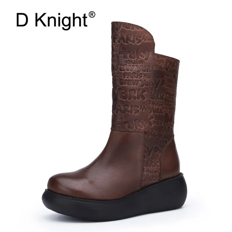 

D Knight Retro Women Mid-Calf Boots Handmade Genuine Leather Long Booties Women High Heel Cowboy Boot Fashion Casual Wedge Shoes