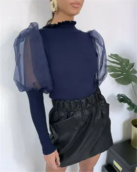 

MeshLantern Puff Long Sleeve Knitted Shirt Women Spring Autumn Ribbed Fashion Polka Dots Blouse Tops Elegant Turtleneck Femme
