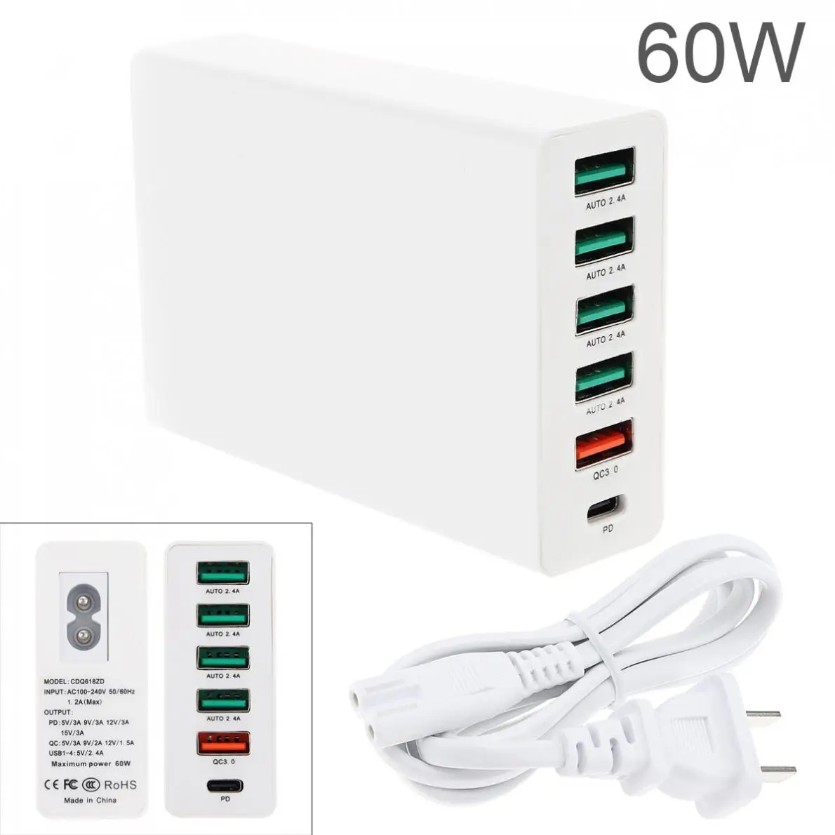 60 Вт USB Quick Зарядное устройство QC3.0 настольная зарядная станция зарядное устройство с 6-Порты и разъёмы для мобильного телефона